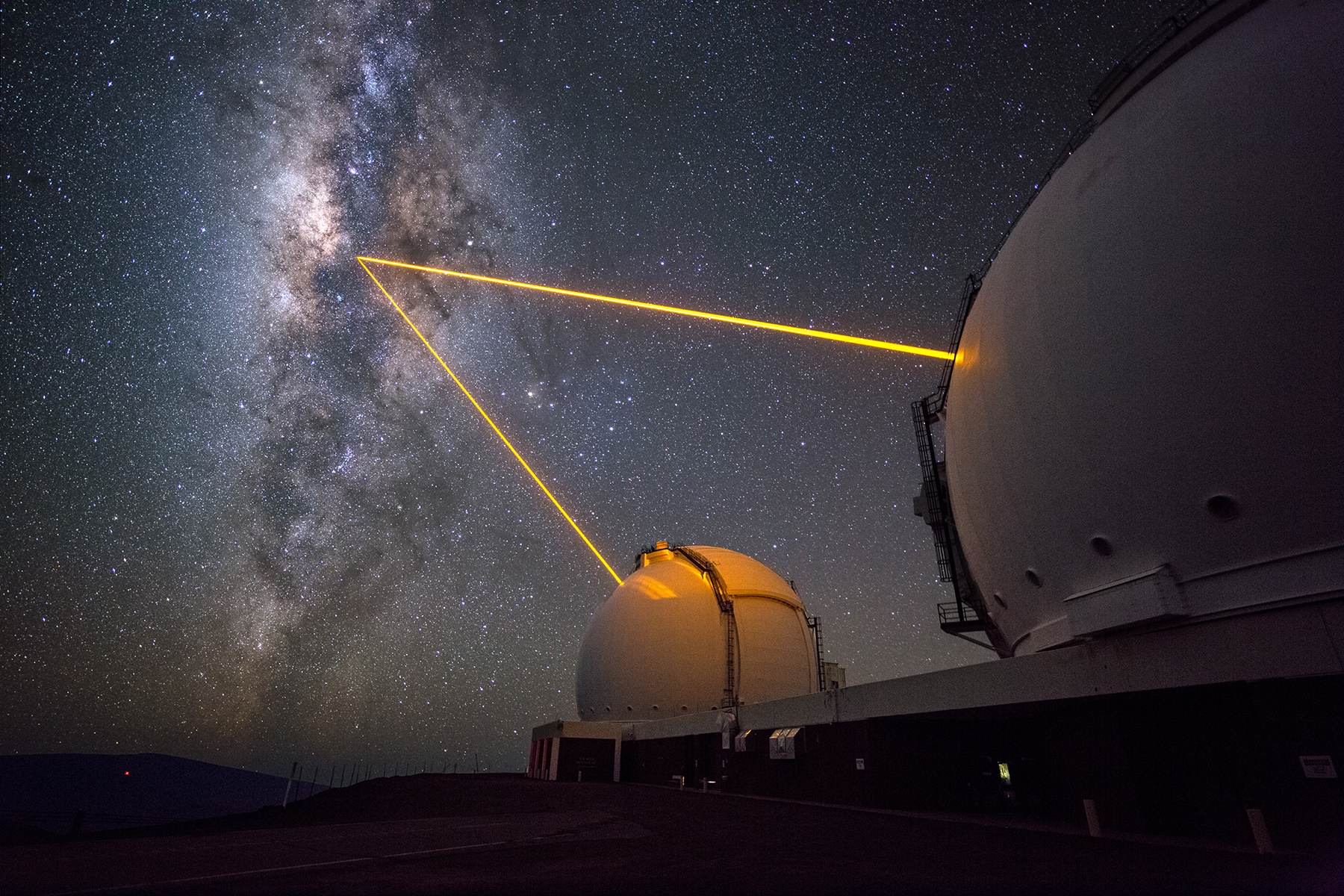 Keck I and Keck II’s Laser Guide Star Adaptive Optics systems peering into the center of the Milky Way galaxy.
